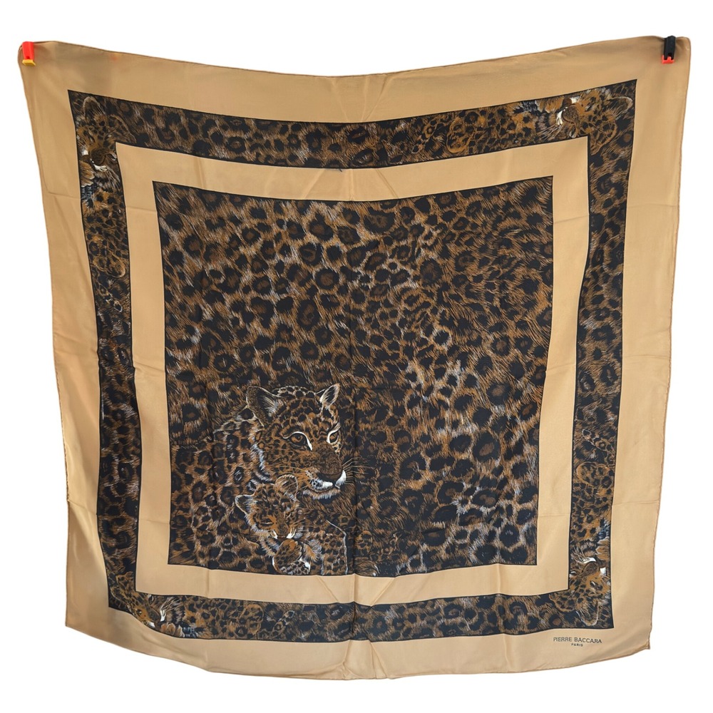 Pierre Baccara Scarf Brown Tan Leopard Animal Print Silk Square 33"